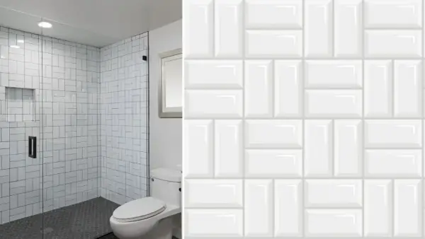 Modern bathroom with shower and toilet, showcasing creative formas de colocar azulejos rectangulares grandes en un patrón de espiga y ladrillo.