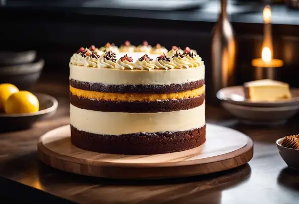 Un magnifique interieur layer cake aux couches de chocolat et de crème, décoré de volutes de crème et de fruits rouges.