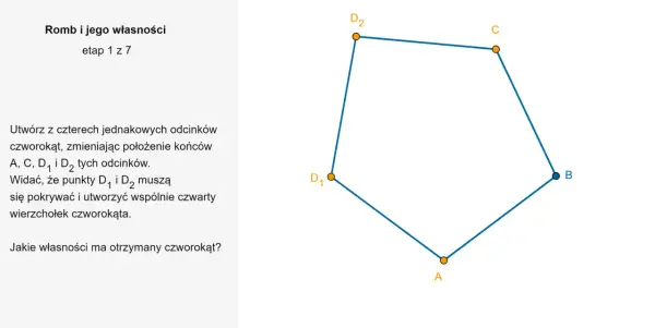 Geometryczny przykład, jak inaczej o rombie. Czworokąt ABCD z równymi bokami.