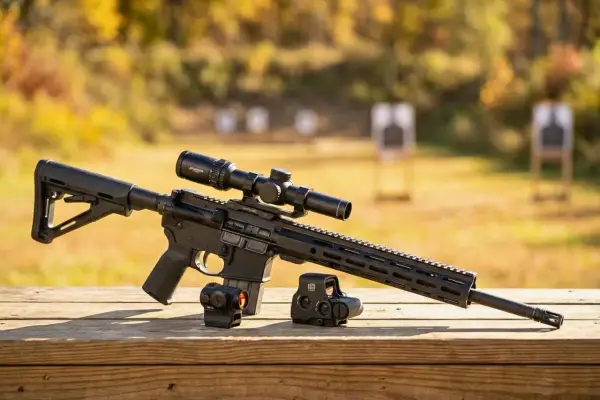 Karabin AR-15 z lunetą i dwoma kolimatorami na drewnianym stole, w tle cele strzeleckie.