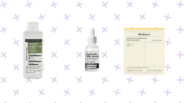 Zestaw kosmetyków z niacynamidem i kwasem salicylowym: serum, esencja i maska.