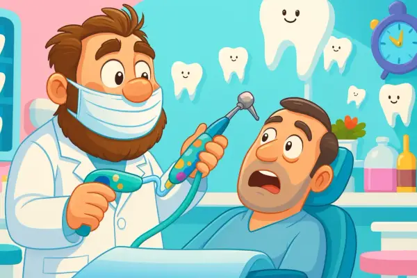Dentysta w masce przygotowuje się do borowania zębów przerażonego pacjenta. W tle uśmiechnięte ząbki i zegar.
