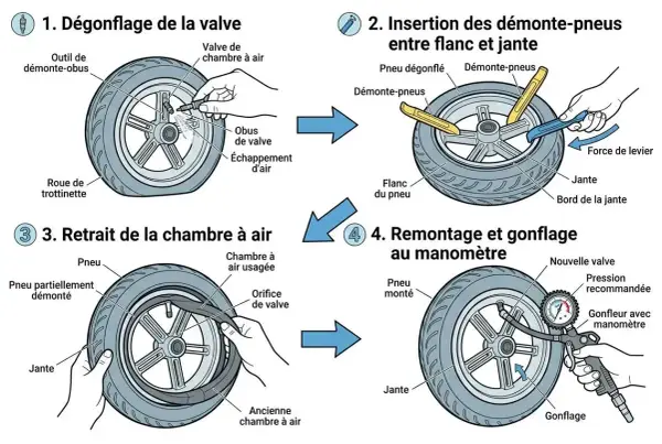 Instructions pour dégongfler, démonter, remonter et gonfler un pneu de trottinette avec un manomètre.