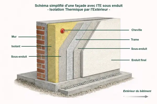 Coupe d'un mur montrant l'isolation thermique par l'extérieur (ITE) : mur, isolant, sous-enduit, trame, cheville, enduit final.