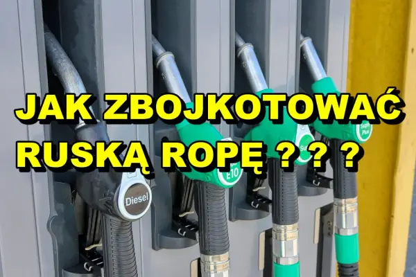 Dyspensery paliwa na stacji, z napisem "Jak zbojkotować ruską ropę?". Symbolizuje to problematykę energetyczną i poszukiwanie alternatyw dla paliw z Rosji, co jest związane z funkcjonowaniem rafinerii ropy naftowej.