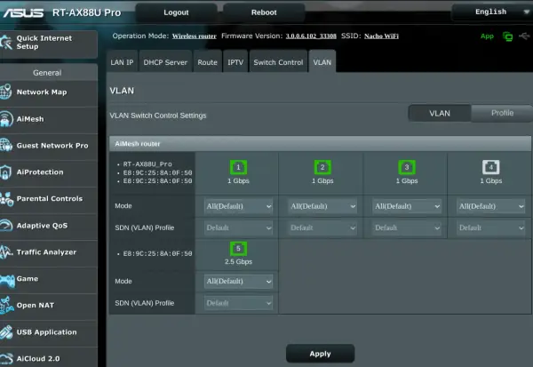 Inställningar för VLAN på Asus router. Här kan du logga in och konfigurera nätverksinställningar.