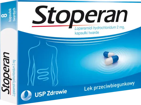 Opakowanie leku Stoperan, zawierające 8 kapsułek twardych. Na niebieskim tle widnieje schemat układu pokarmowego i dwie kapsułki.
