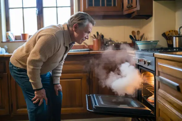 Hombre preocupado mira humo denso salir del horno abierto. El humo del horno es tóxico, ¡cuidado!