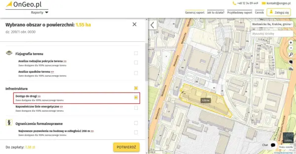 Na mapie OnGeo.pl zaznaczono obszar 1.55 ha. W sekcji "Infrastruktura" widoczna jest opcja "Dostęp do drogi", która pomaga sprawdzić, kto jest zarządcą drogi.