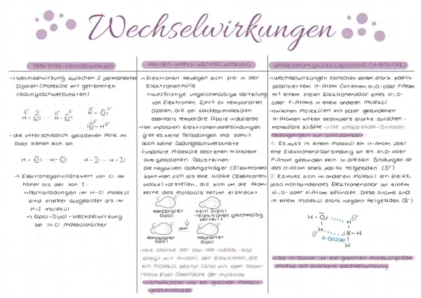Organische Verbindung: Dipol-Dipol-Wechselwirkung zwischen polaren Molekülen, Van-der-Waals-Wechselwirkung bei unpolaren Molekülen und Wasserstoffbrückenbindungen.