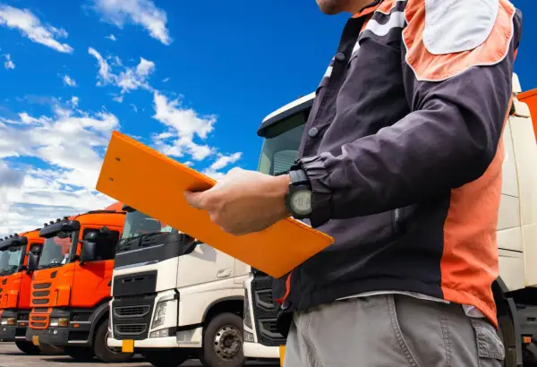 Kierowca z teczką, na której widnieje świadectwo kwalifikacji zawodowej, stoi przed rzędem ciężarówek.