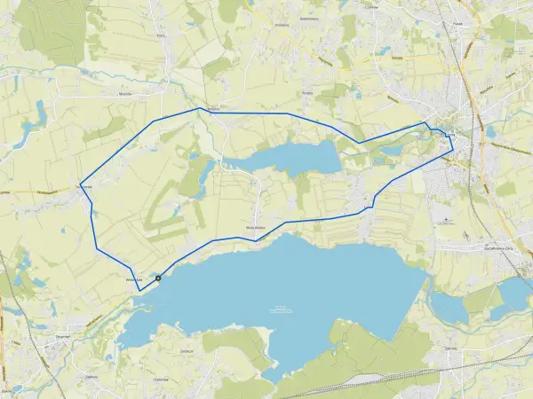 Mapa z zaznaczoną trasą rowerową wokół Jeziora Goczałkowickiego.