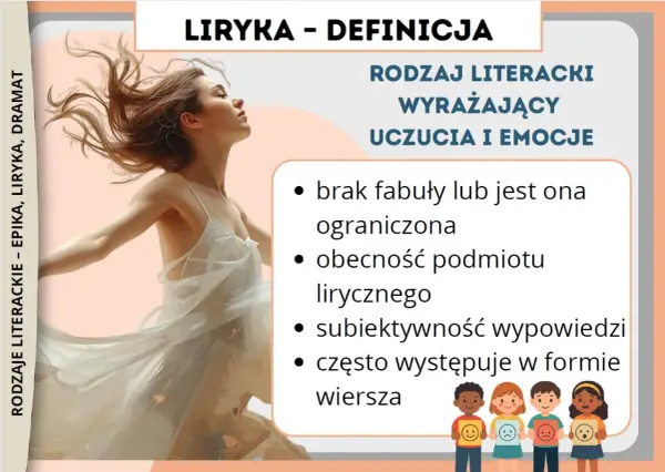 Liryka – rodzaj literacki wyrażający uczucia i emocje, często w formie wiersza. Obraz przedstawia tańczącą kobietę, symbolizującą wolność i ekspresję.
