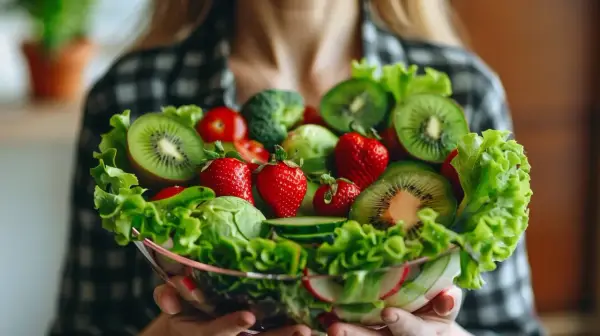 Miseczka pełna świeżych owoców i warzyw, jak kiwi, truskawki, pomidorki, sałata. Czy to zdrowa dieta, czy już ortoreksja?