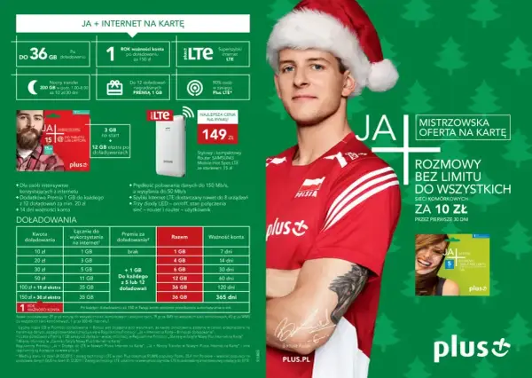 Plus oferuje internet na kartę z 36 GB na start i roczną ważnością konta po doładowaniu za 150 zł. Dodatkowo, elastyczna oferta na kartę zapewnia nielimitowane rozmowy za 10 zł przez pierwsze 30 dni.