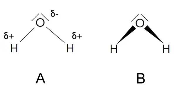 Molekül A zeigt eine polare Atombindung mit partiell positiven Wasserstoffatomen (δ+) und einem partiell negativen Sauerstoffatom (δ-). Molekül B ist eine vereinfachte Darstellung.