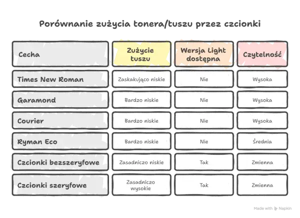 Porównanie zużycia tuszu przez popularne czcionki: Times New Roman, Garamond, Courier, Ryman Eco, bezszeryfowe i szeryfowe.