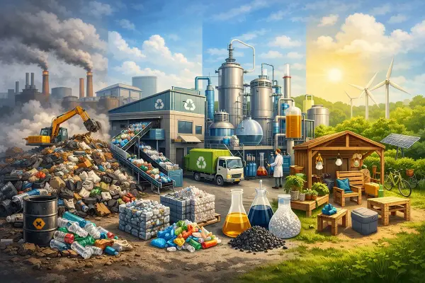 Od zanieczyszczonych fabryk po czystą energię i recykling. Obraz pokazuje różne poziomy recyklingu i jego wpływ na środowisko.