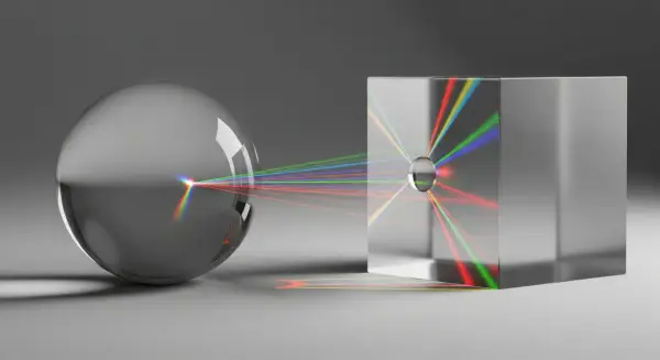 Światło rozszczepia się na pryzmacie, tworząc barwne smugi. To przykład, jak działa ray tracing.