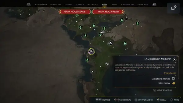 Mapa Hogwartu z zaznaczonymi zagadkami Merlina. Opis wyjaśnia, że to zadania stworzone przez Merlina.