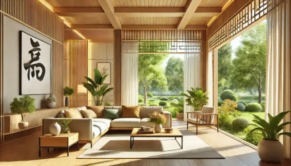 Soggiorno luminoso con divano angolare, tavolino e vista su un giardino rigoglioso, in perfetto stile feng shui.