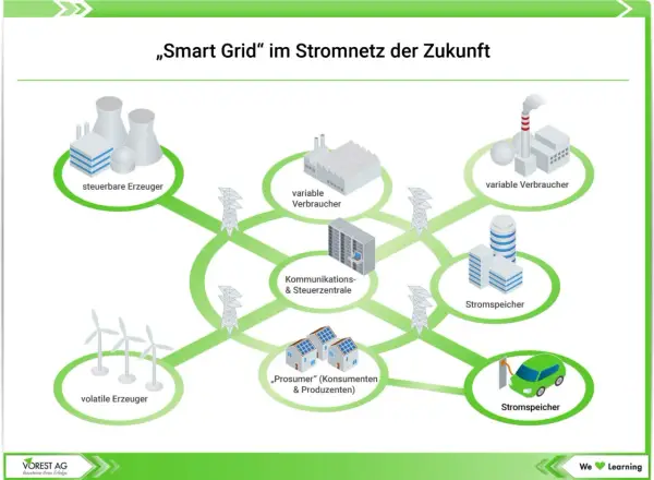 Schema eines Smart Grids in Deutschland: steuerbare und volatile Erzeuger, Verbraucher, Speicher und eine zentrale Steuerung.