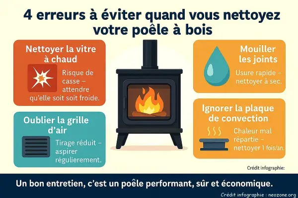 Infographie sur l'entretien d'un poêle à bois. Évitez 4 erreurs : nettoyer la vitre à chaud, mouiller les joints, oublier la grille d'air, ignorer la plaque de convection. Un bon entretien assure un poêle performant.
