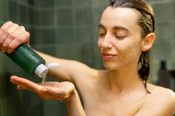 Kobieta w prysznicu wylewa na dłoń żel pod prysznic. Składniki takie jak alcohol denat. mogą być obecne w produkcie.