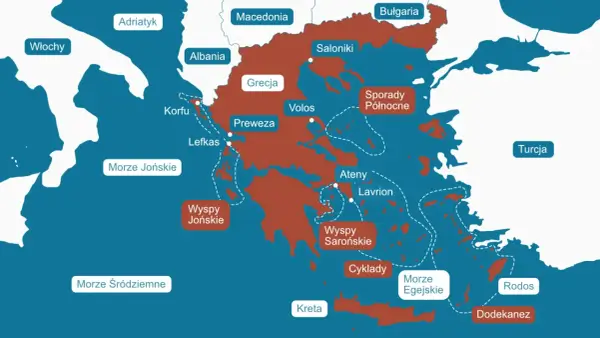 Mapa Grecji pokazuje, że kraj otoczony jest przez Morze Jońskie i Egejskie. Czy w Grecji jest ocean? Nie, ale te morza są częścią Oceanu Atlantyckiego.