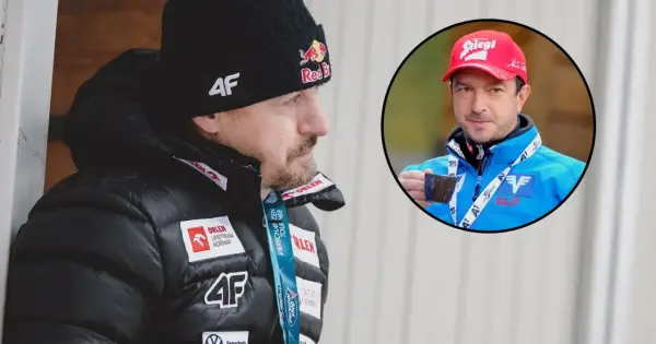 Adam Małysz w kurtce 4F i czapce z logo Red Bulla. W okręgu widać trenera Stefana Horngachera.