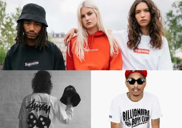 Kolekcja stylowych streetwear t shirts: czarny Supreme, pomarańczowa bluza Supreme, biały t-shirt Supreme, biały t-shirt Stussy i biały t-shirt Billionaire Boys Club.
