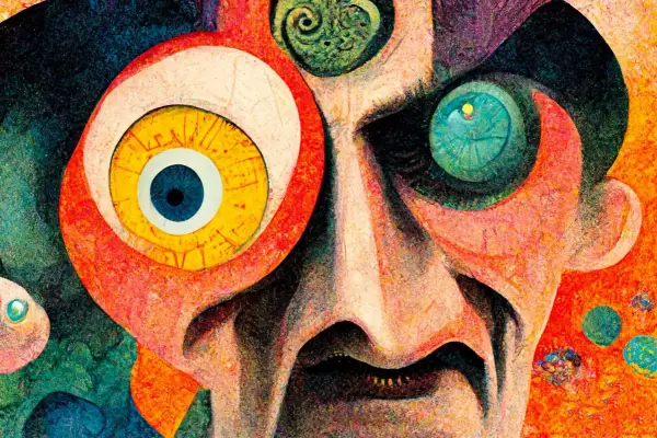 Surrealistyczny portret w stylu dadaizmu z wielkimi, wyrazistymi oczami i zdeformowaną twarzą.