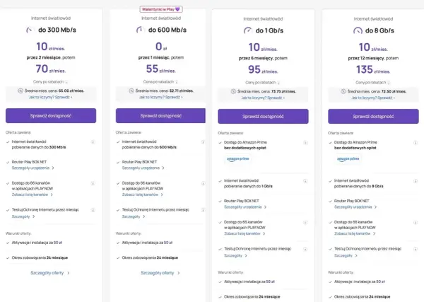 Oferty światłowód plus: do 300 Mb/s za 10 zł/mies., do 600 Mb/s za 0 zł/mies., do 1 Gb/s za 10 zł/mies., do 8 Gb/s za 10 zł/mies.