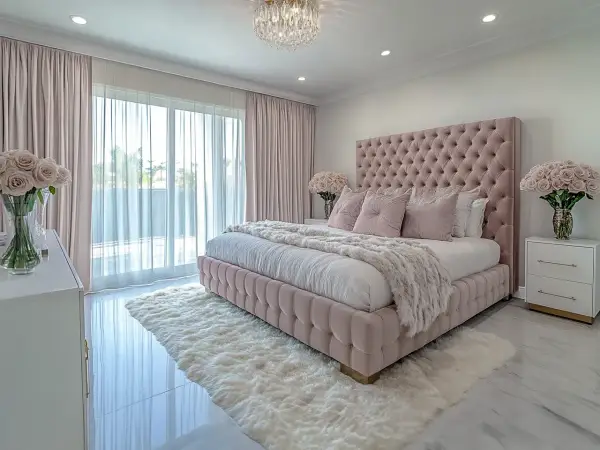 Elegancka, nowoczesna sypialnia glamour w pudrowym różu. Miękkie tkaniny, kryształowy żyrandol i bukiety róż tworzą luksusową atmosferę.