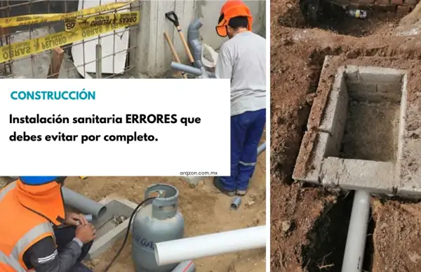Construcción: errores comunes en la instalación sanitaria. Obreros trabajan en tuberías y una fosa de ladrillos.