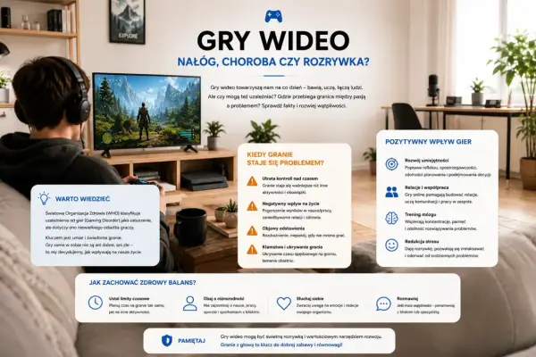 Chłopak gra w gry wideo, które mogą być rozrywką lub nałogiem. Kluczem jest umiar i świadome granie, by czerpać z nich korzyści.
