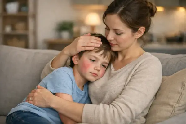 Une mère réconforte son fils malade, le visage rouge et couvert de boutons, possiblement un test scarlatine pharmacie.