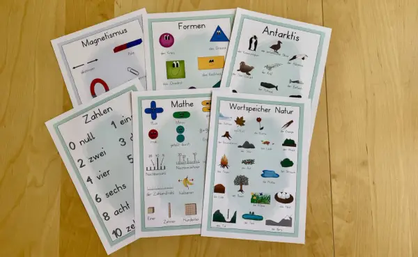 Lernkarten für den Deutschunterricht: Magnetismus, Formen, Zahlen, Mathe, Antarktis und Natur.