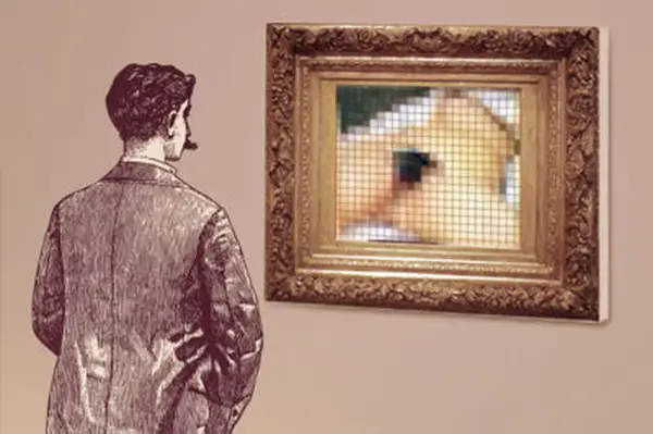 Un homme regarde un tableau encadré, une scène floue et pixélisée évoquant le sommeil de Courbet.