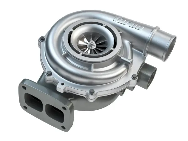 Metalowa turbosprężarka z widocznym wirnikiem i napisem "TURBO". Zastanawiasz się, ile koni daje turbosprężarka?