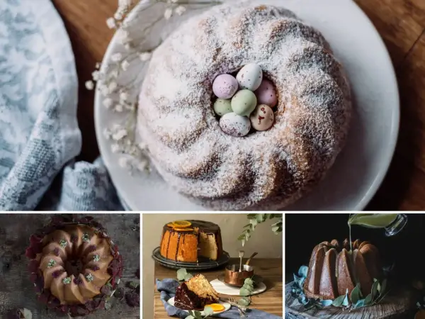 Collage de divertidos monas de pascua originales: bizcochos decorados con huevos de chocolate, frutas y glaseado.