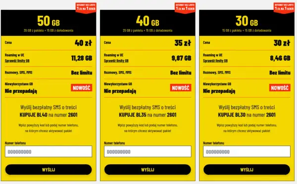 Porównanie ofert na kartę: 50 GB za 40 zł, 40 GB za 35 zł, 30 GB za 30 zł. Wszystkie z nielimitowanymi rozmowami i SMS.