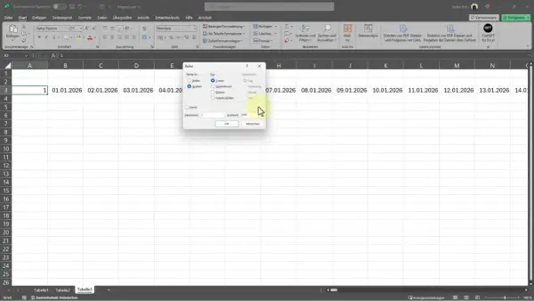 Excel mostra il riempimento automatico di date, con opzioni per serie, tipo e unità di tempo.
