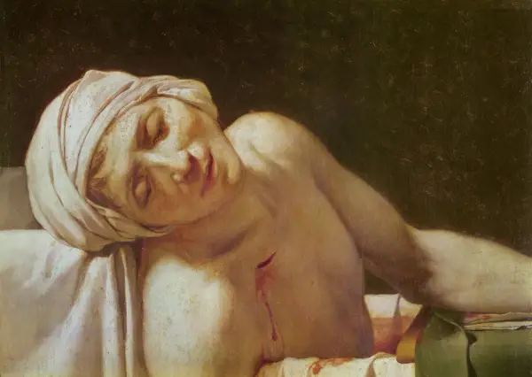 Der Tod des Marat: Ein Mann mit Kopftuch liegt leblos in einer Wanne, eine Wunde auf der Brust.