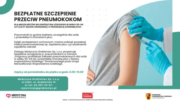 Bezpieczne szczepienie przeciw pneumokokom dla mieszkańców woj. łódzkiego 55-64 lat z chorobami płuc. Zapisy na bezpłatną pneumokoki szczepionkę.