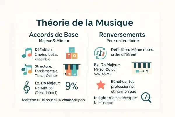 Infographie sur la théorie musicale, expliquant les accords de base et leurs renversements pour un jeu fluide. Maîtriser ces accords est la clé pour comprendre la musique.
