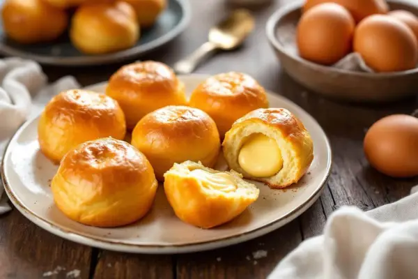 Petits pains dorés, certains coupés révèlent une garniture crémeuse. Ces douceurs rappellent la pâte à choux des éclairs.