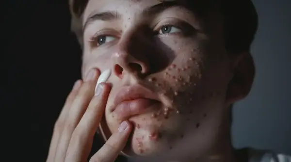 Młoda osoba z trądzikiem aplikuje biały krem, być może **Sudocrem na twarz**, aby złagodzić zmiany skórne.