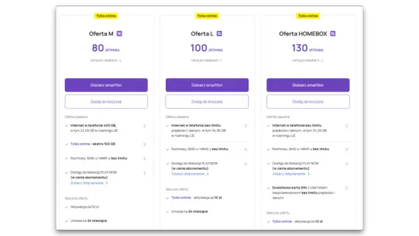 Porównanie ofert internetu we Francji: M (400 GB), L (bez limitu) i HOMEBOX (bez limitu) z opcją 5G.