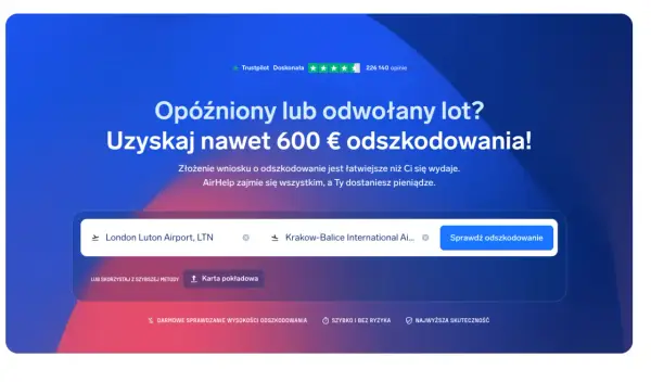 Opóźniony lot? Sprawdź, czy przysługuje Ci odszkodowanie za odwołany lot. Wpisz trasę, np. z Londynu do Krakowa, i dowiedz się, ile możesz zyskać.